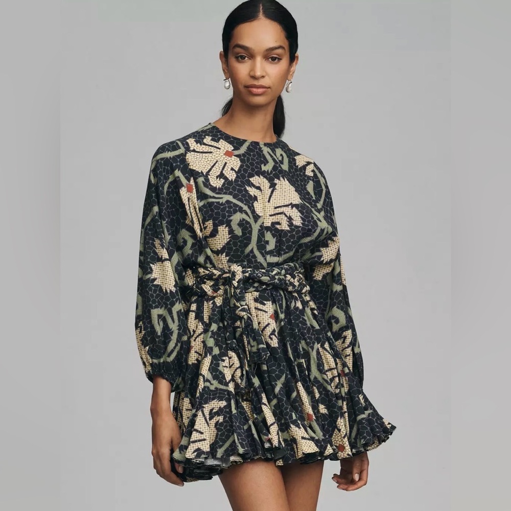 RHODE Black Floral Print Tie-Waist Dress with Green and Cream Accents